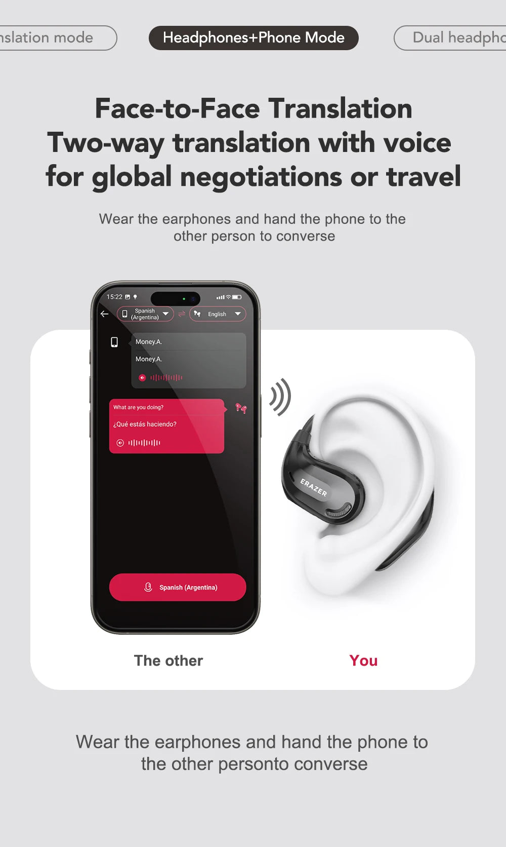 A smartphone screen shows a face-to-face translation interface with Spanish text and an earphone is shown next to it.