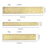 Three brass rulers of different sizes and thicknesses shown side by side