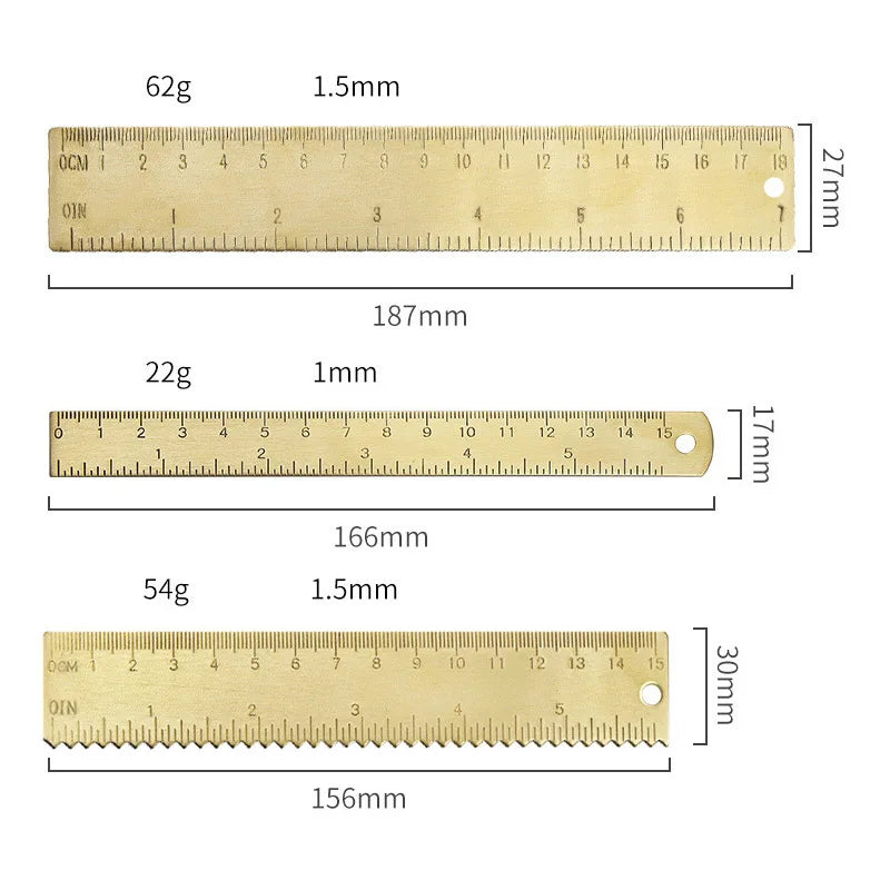 Three brass rulers of different sizes and thicknesses shown side by side