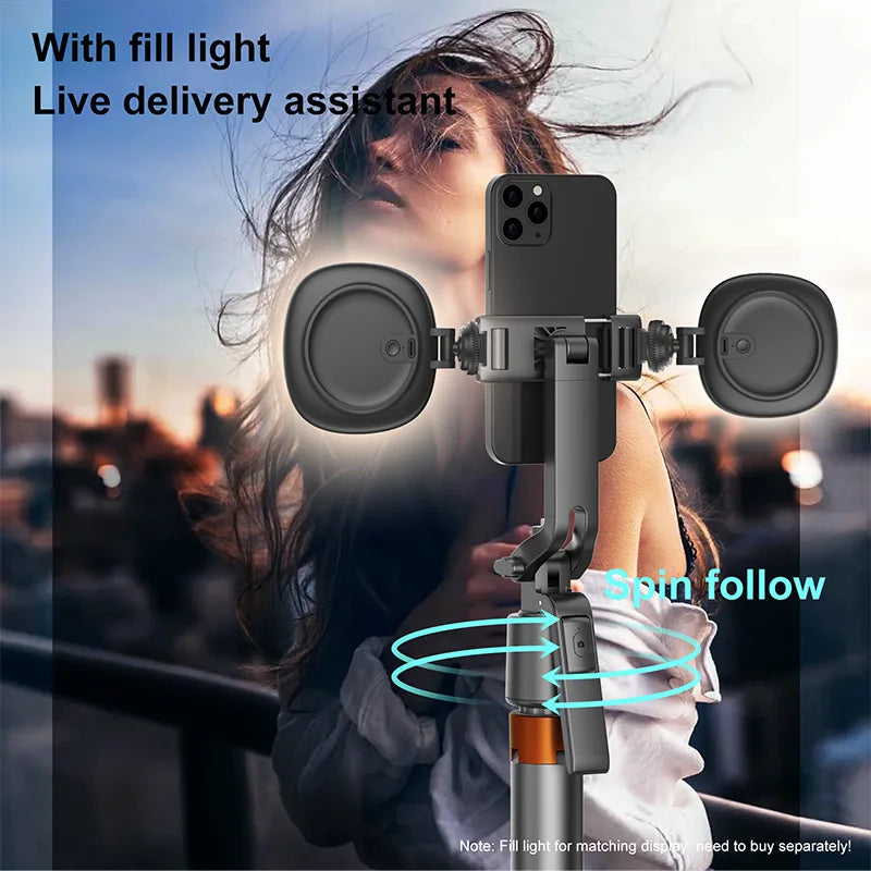 A woman holds an AI face tracking smartphone tripod with a spin follow feature, illuminated by fill light.