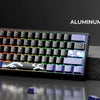 An aluminum gaming keyboard featuring blue and purple keycaps, displayed on a dark surface with various mechanical components