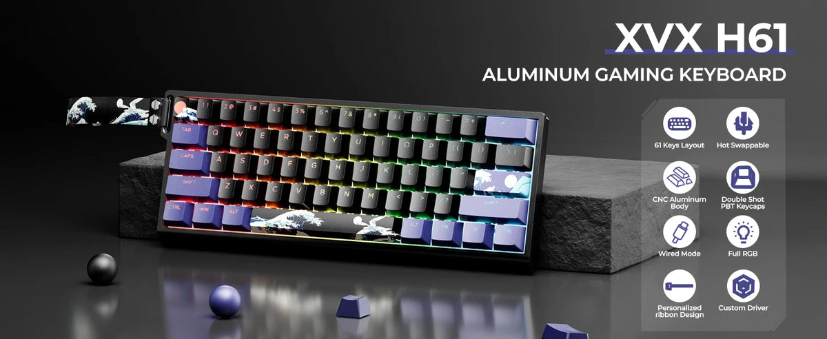 An aluminum gaming keyboard featuring blue and purple keycaps, displayed on a dark surface with various mechanical components