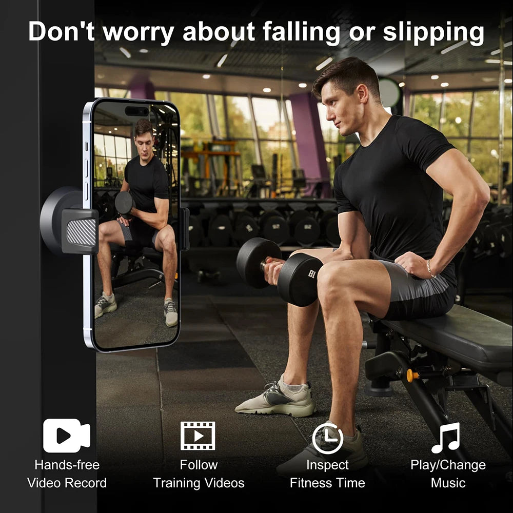 A man is using a hands-free magnetic phone holder in a gym setting to record a video.