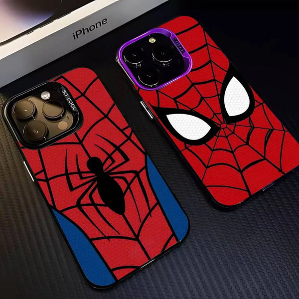 A red Spider-Man themed phone case featuring a black spider design and white eyes, displayed on a dark surface.