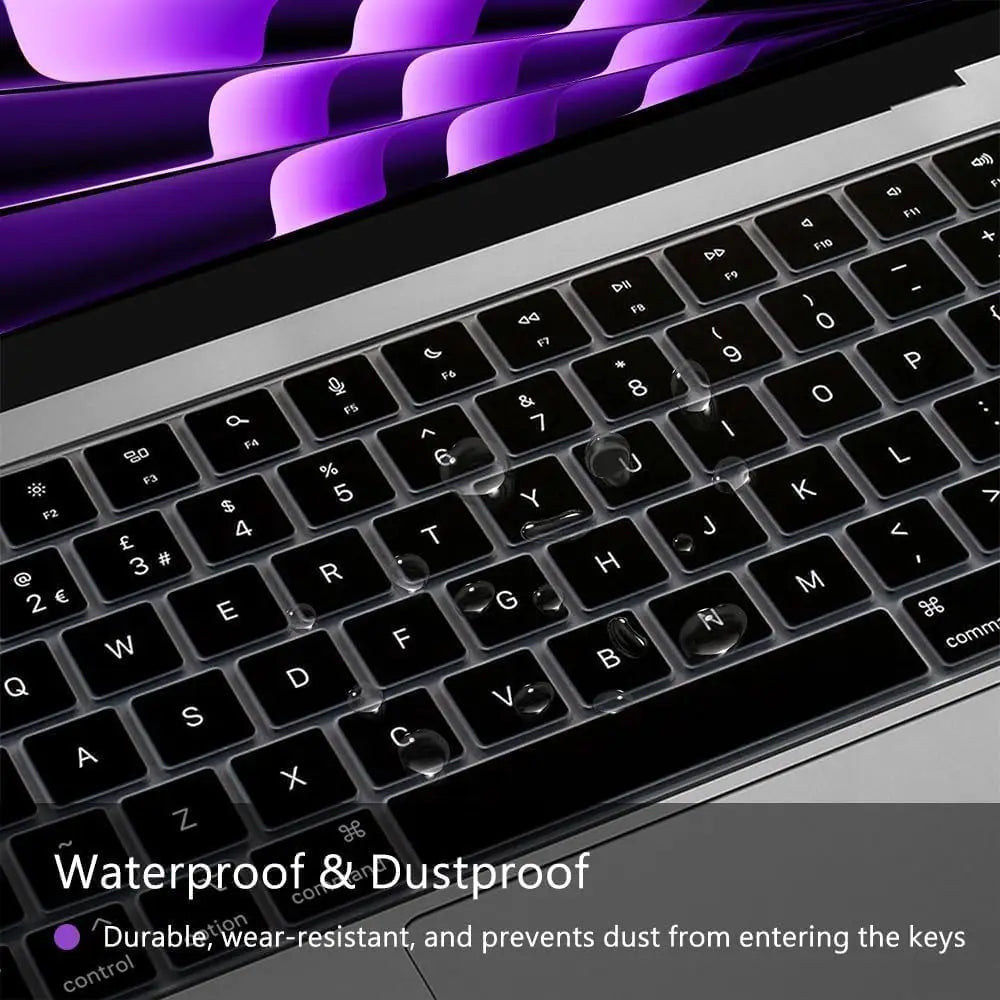 A close-up view of a silicone keyboard cover protecting a laptop keyboard, showing purple and silver accents.