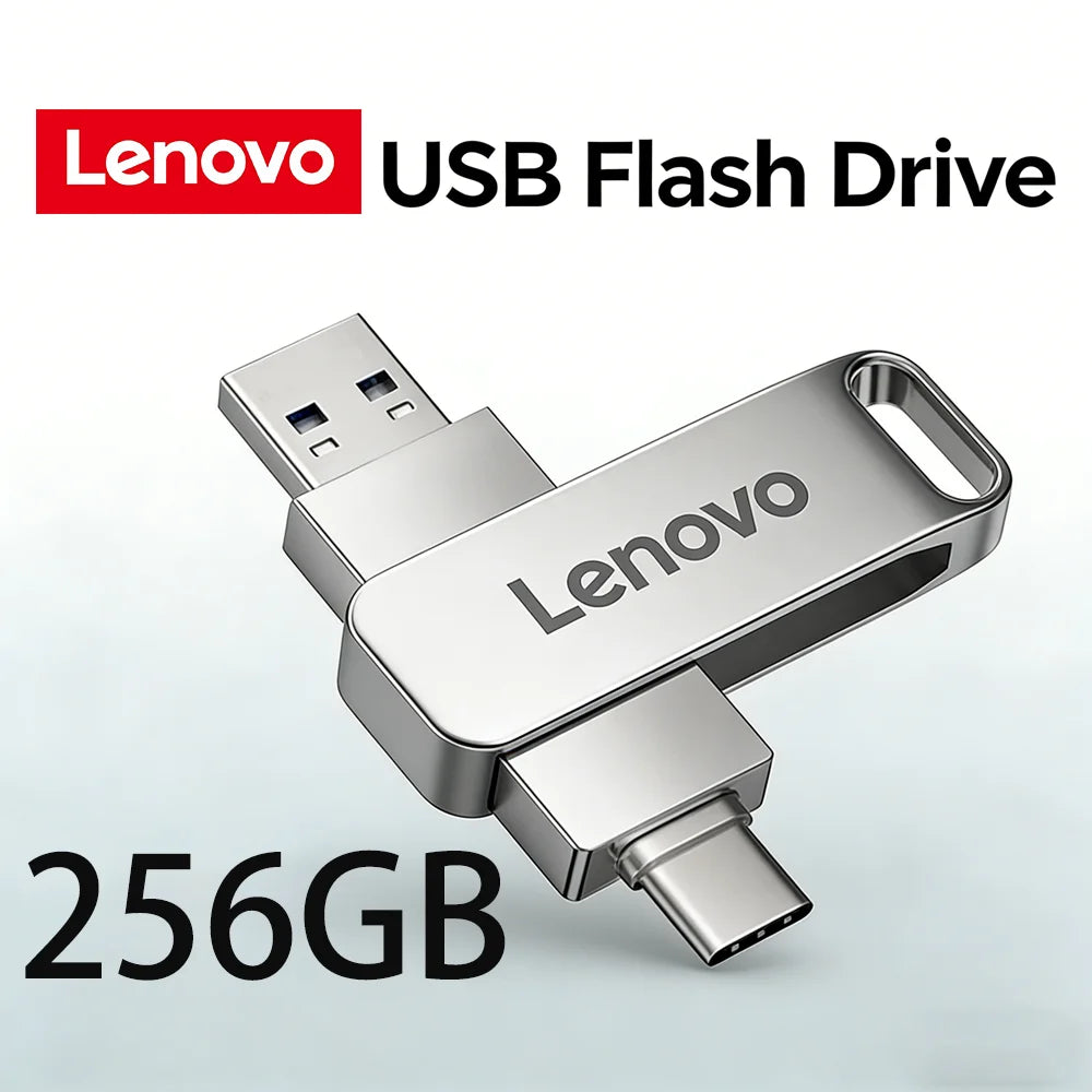 Silver Lenovo 256GB USB Flash Drive with a metal clip and connector.