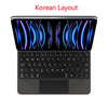 A black backlit touchpad magic keyboard is shown with a vibrant blue light display on the screen.