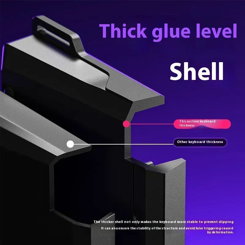 Close-up view of a black keyboard shell demonstrating thick glue level and keyboard thickness.
