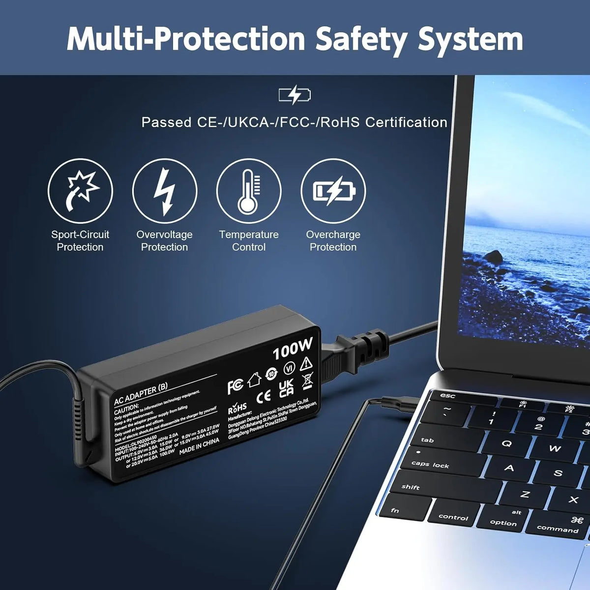 Schwarzes AC-Adapter für Laptop mit Mehrfachschutzsystemen gegen Überspannung und Temperaturkontrolle.