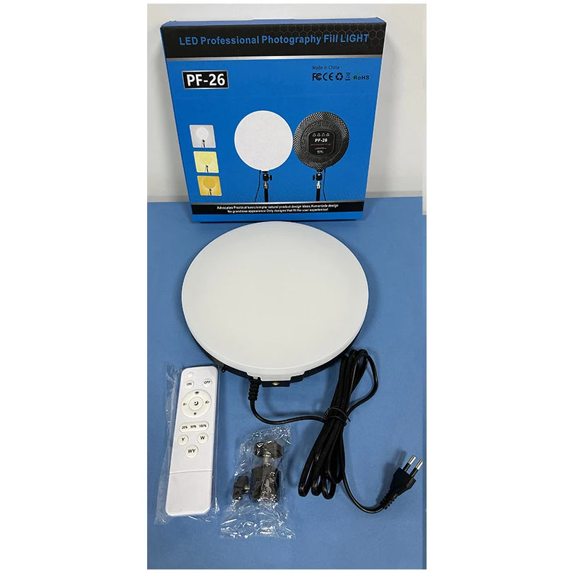 A box for an LED Professional Photography Fill Light PF-26, showing the light and accessories.