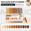 A set of 12 brown series high-gloss acrylic marker pens in various shades displayed on a white background.