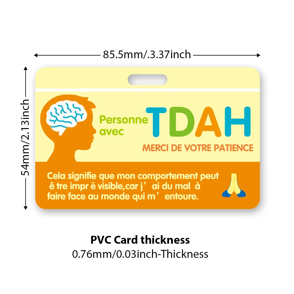 Yellow PVC card with black text and a graphic of a brain silhouette, designed for ADHD awareness.
