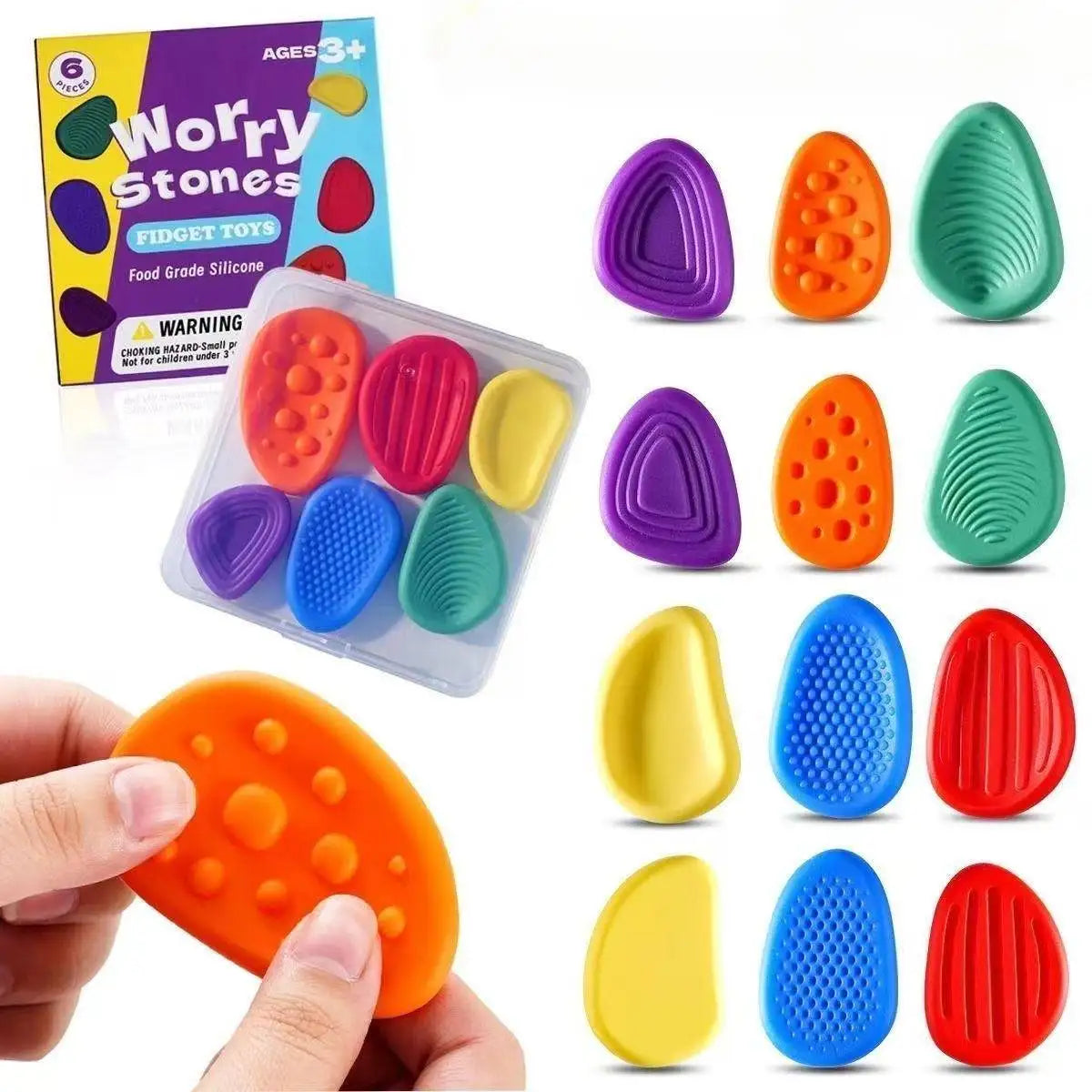 A set of colorful sensory stone fidget toys in a clear box and individual pieces shown for stress relief