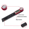 A digital angle finder protractor ruler with various buttons shown on a black and red measuring device.
