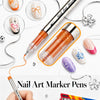 A set of nail art marker pens and liquid markers shown with various colors and tips on a white background.