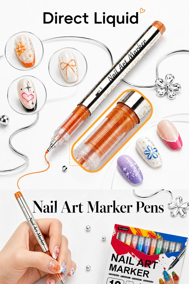 A set of nail art marker pens and liquid markers shown with various colors and tips on a white background.