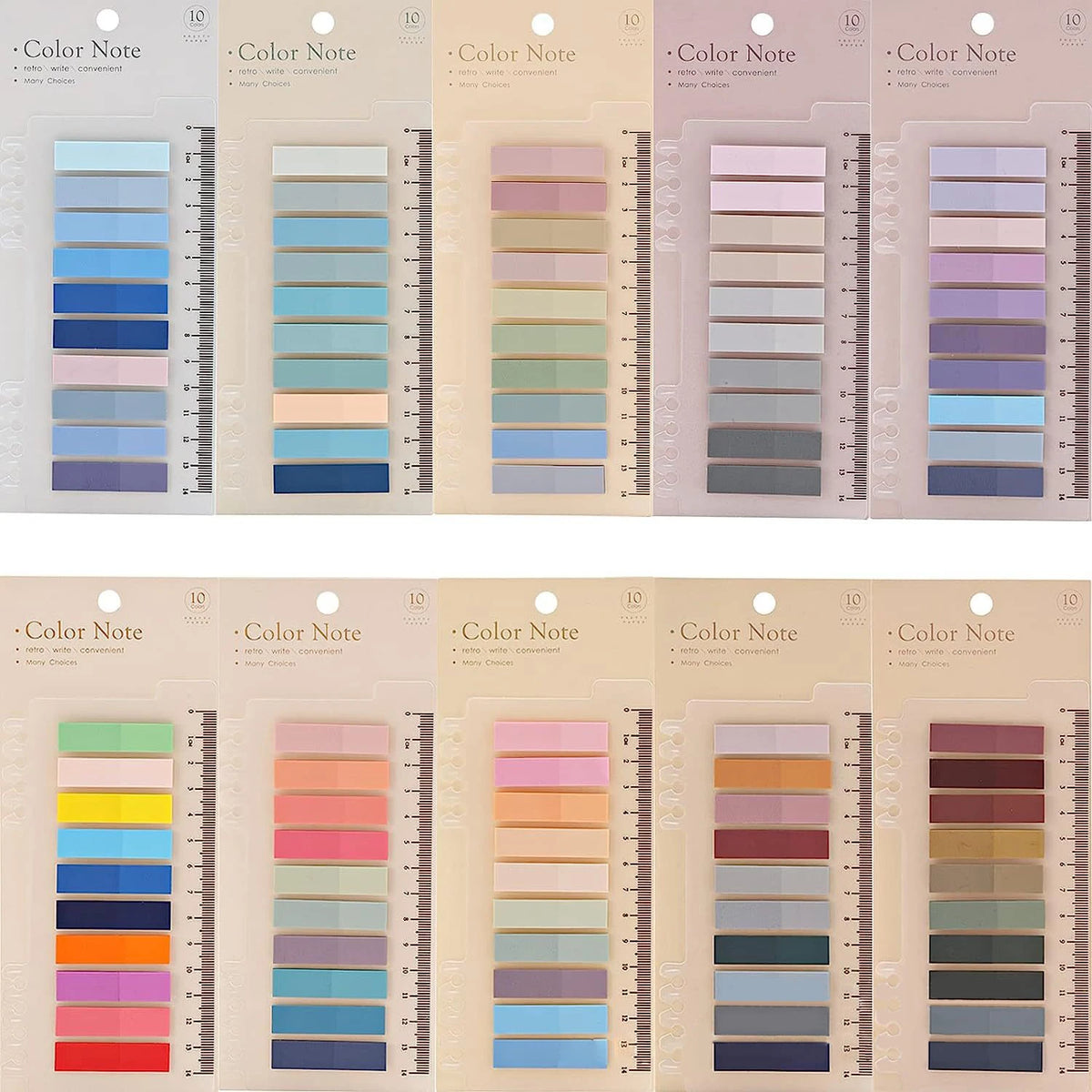 A collection of transparent self-adhesive sticky notes in various shades of pink, blue, green, and gray stacked vertically.