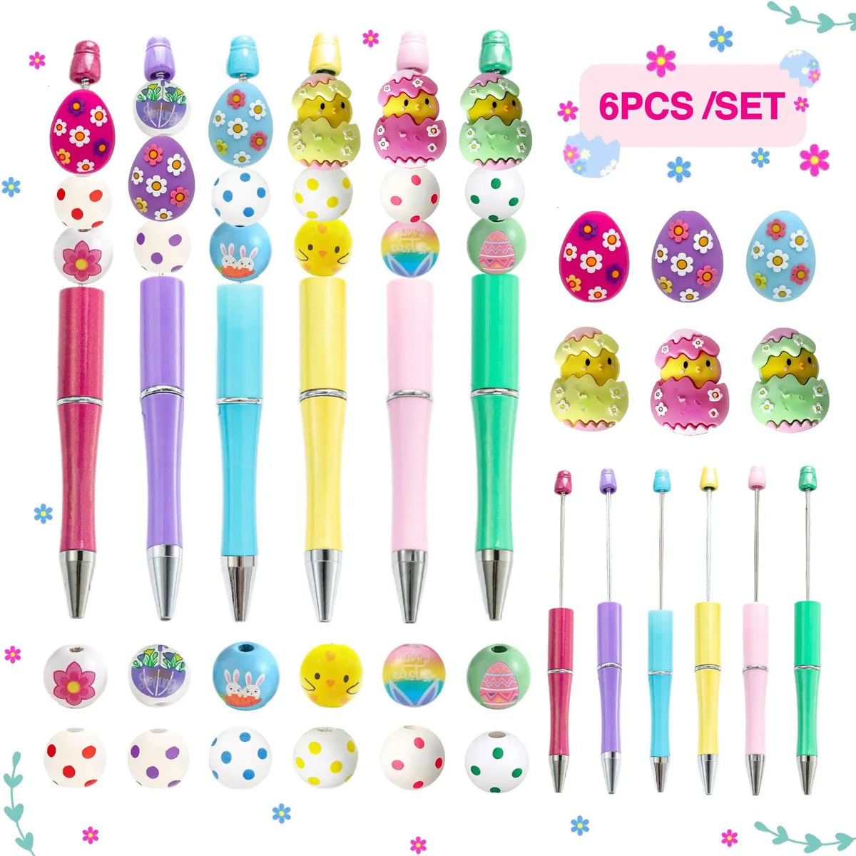 A set of six rotating gradient acrylic beaded pens in various colors and designs.