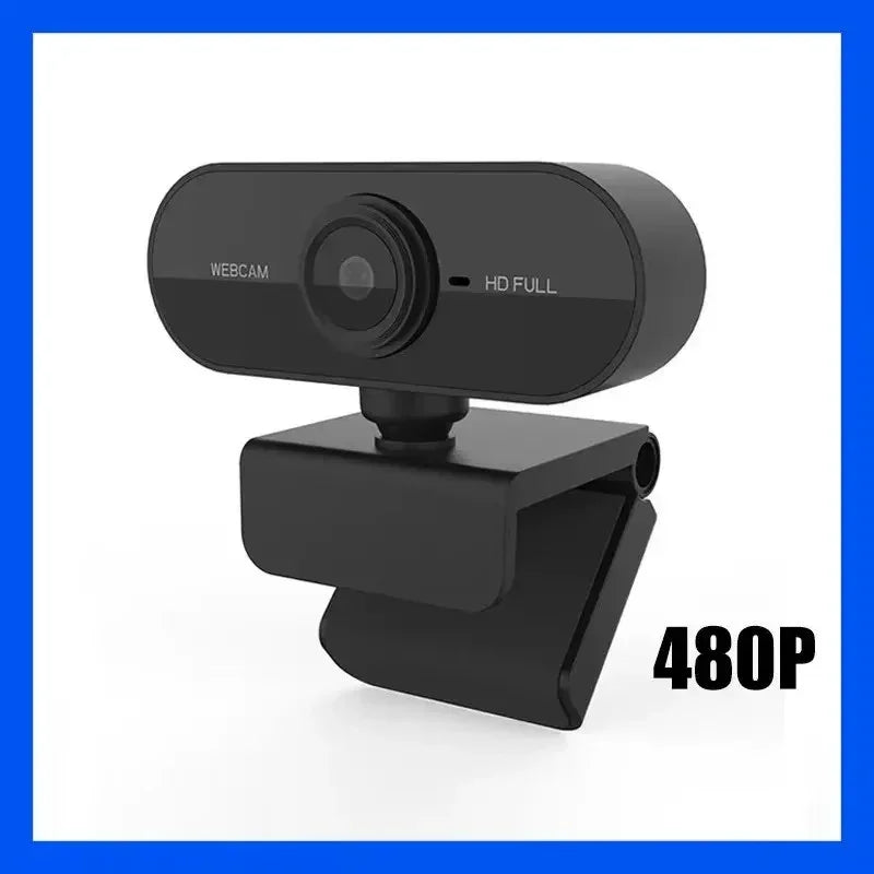 A black HD full webcam with a lens and mounting bracket.