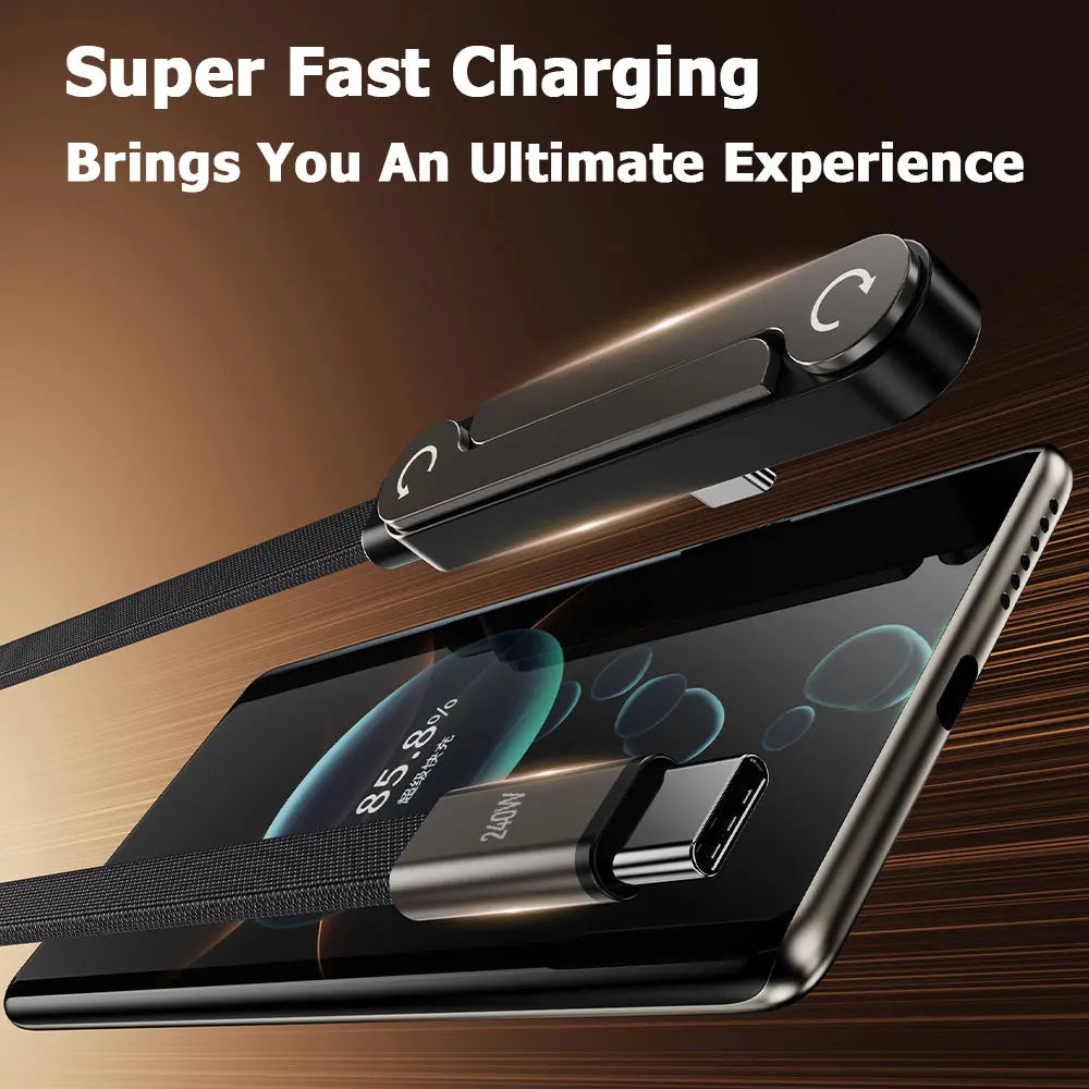 A black foldable charging cable with an integrated stand is shown connecting to a smartphone.