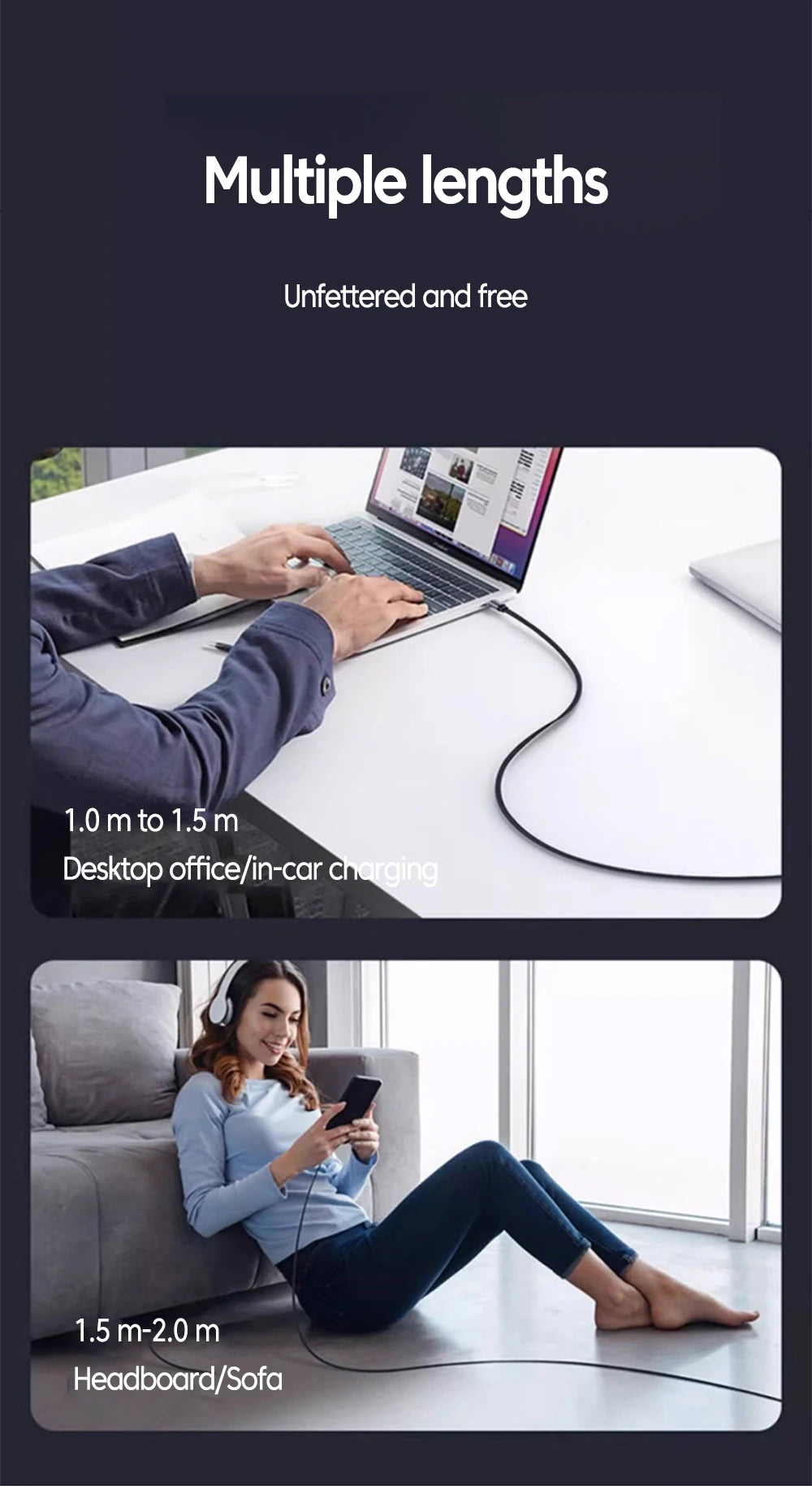 Un ordinateur portable est chargé avec un câble multi-longueur, démontrant différentes longueurs pour usage bureau ou automob