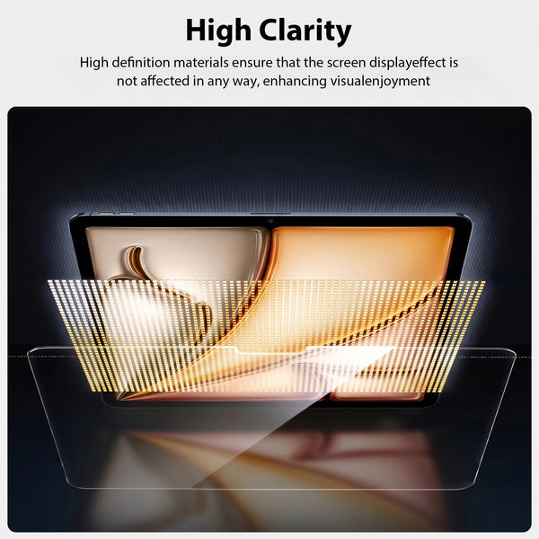 Close-up view of a clear tempered glass screen protector being applied to an iPad screen.