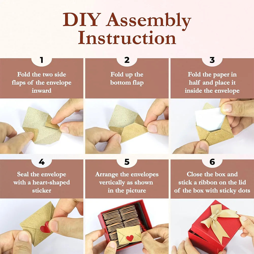 DIY assembly instruction showing steps to fold and seal envelopes into a box
