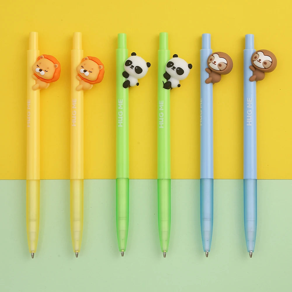 A set of three cute mechanical pencils featuring mini animal designs in orange, green, and blue.