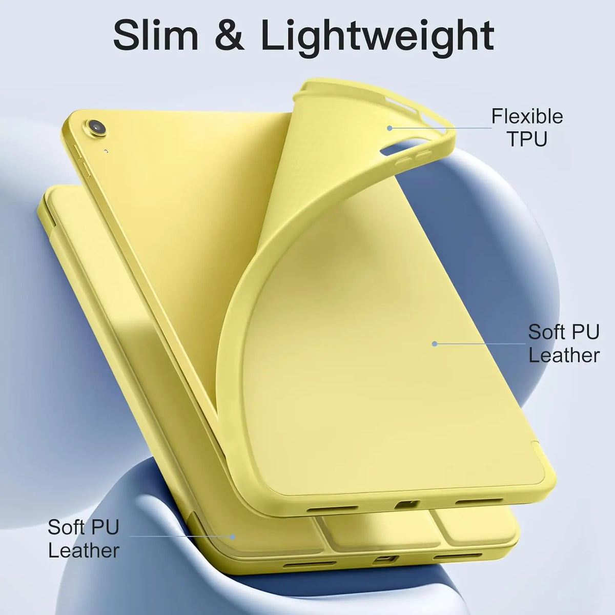 A yellow trifold smart cover for an iPad, made of flexible TPU and soft PU leather, shown in a close-up view.