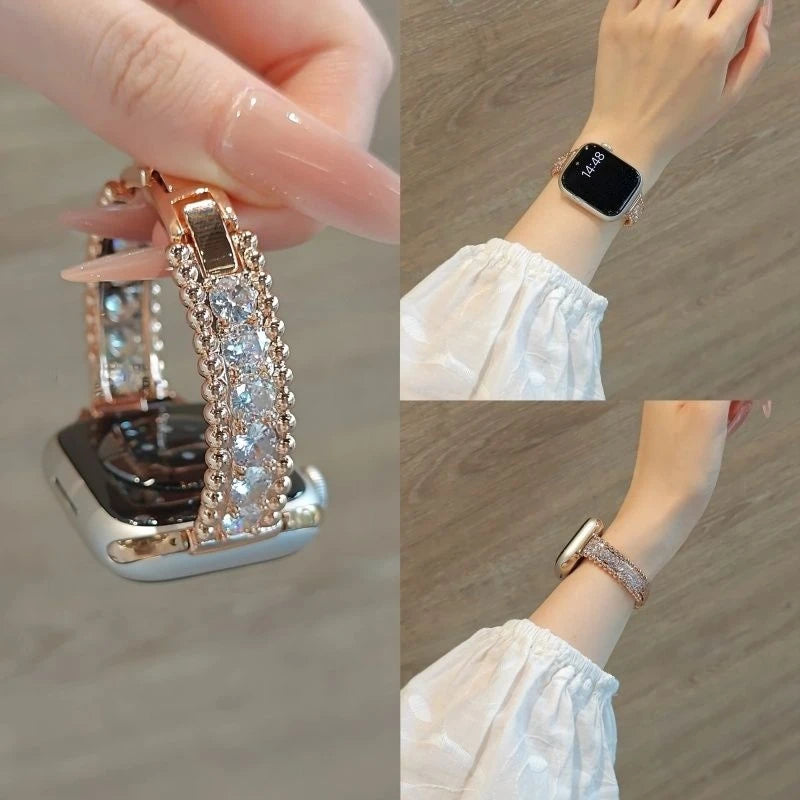A close-up of a crystal-embellished watch strap with sparkling zircon accents being attached to an Apple Watch.