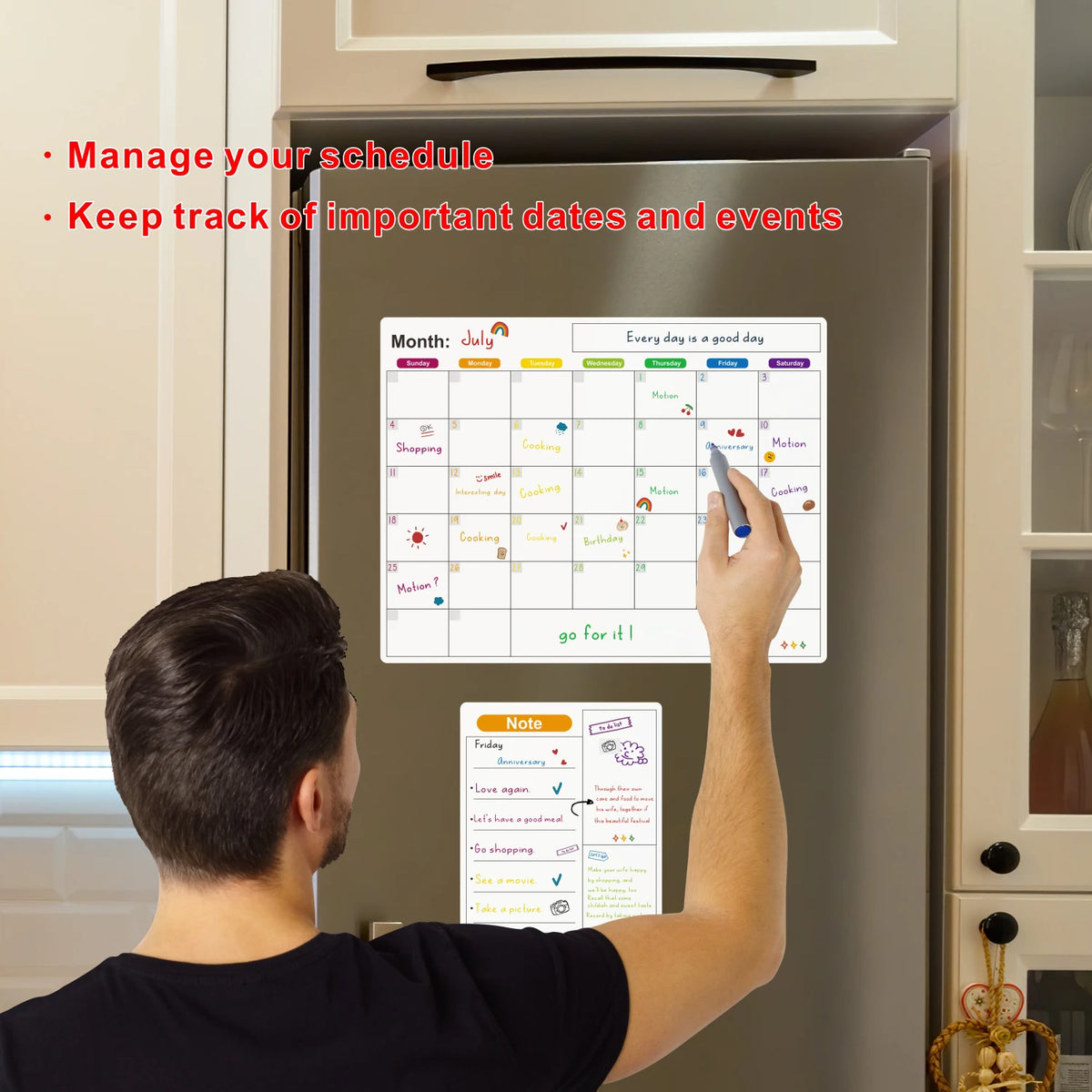 A person is writing on a magnetic dry erase planner board inside a refrigerator, showing monthly schedules and notes.