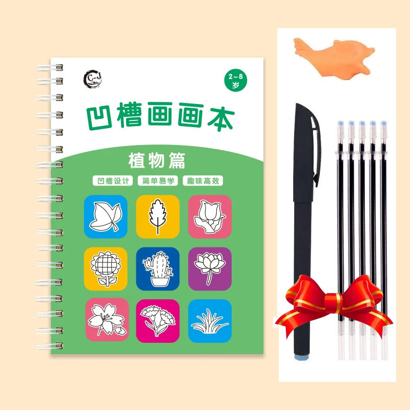 A green notebook with plant drawings and a set of black drawing pens.