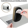 A black silicone mouse holder is shown attached to a laptop, demonstrating its comfort and stretchability.