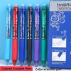 A set of six colored erasable retractable gel pens in various shades including blue, red, purple, and green, displayed agains
