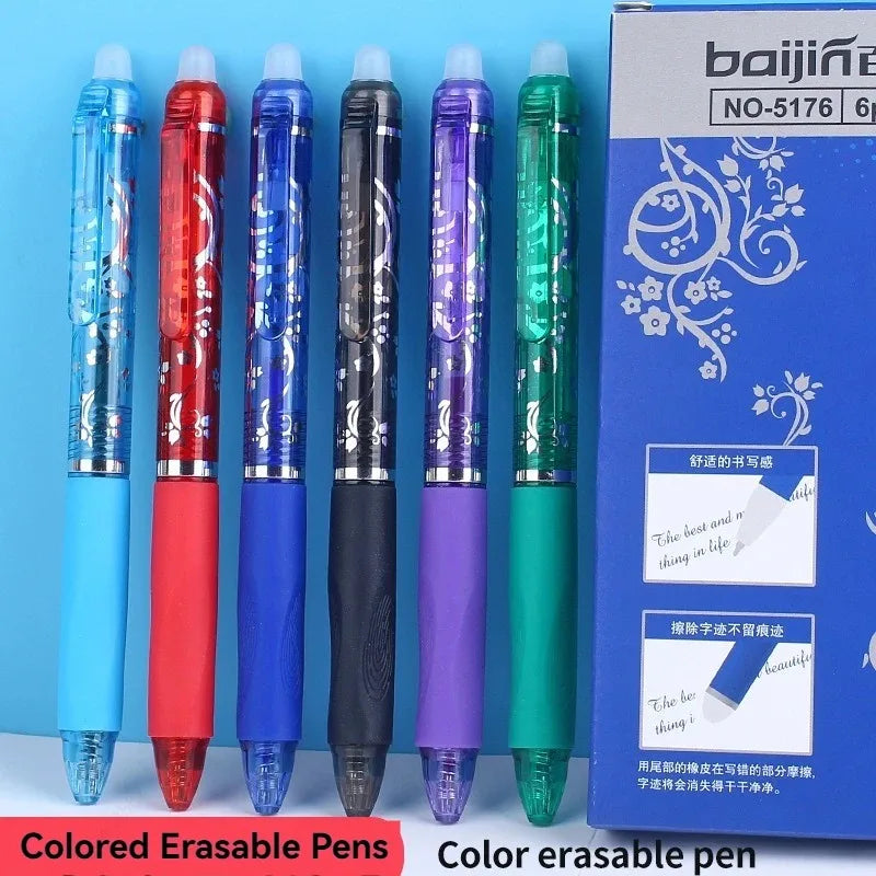 A set of six colored erasable retractable gel pens in various shades including blue, red, purple, and green, displayed agains