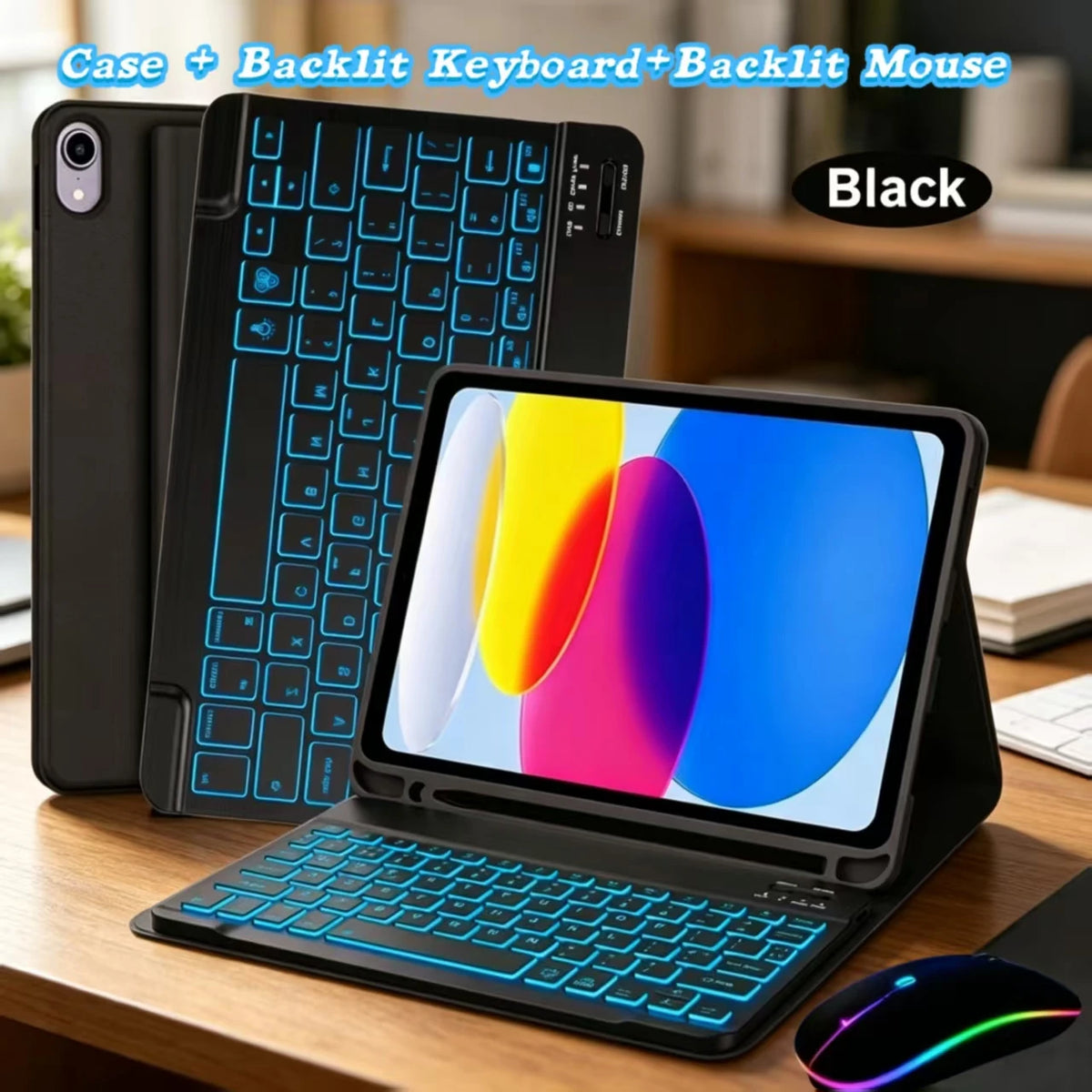 A black case containing a Bluetooth keyboard and backlit mouse next to an iPad.