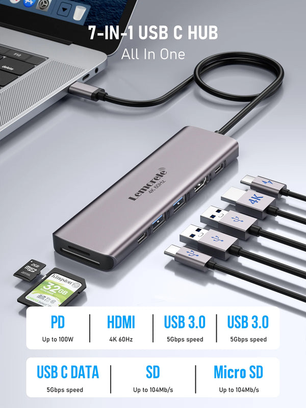 A silver 7-in-1 USB-C hub with multiple ports including HDMI, USB 3.0, and SD card readers is shown connected to a laptop.