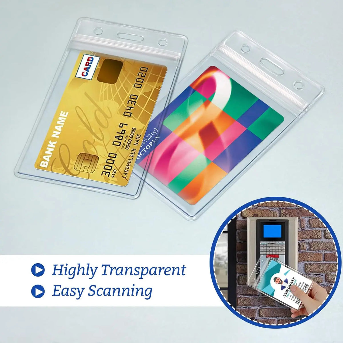 A clear plastic sleeve holds a yellow ID card with magnetic stripe and an orange-colored card inside.