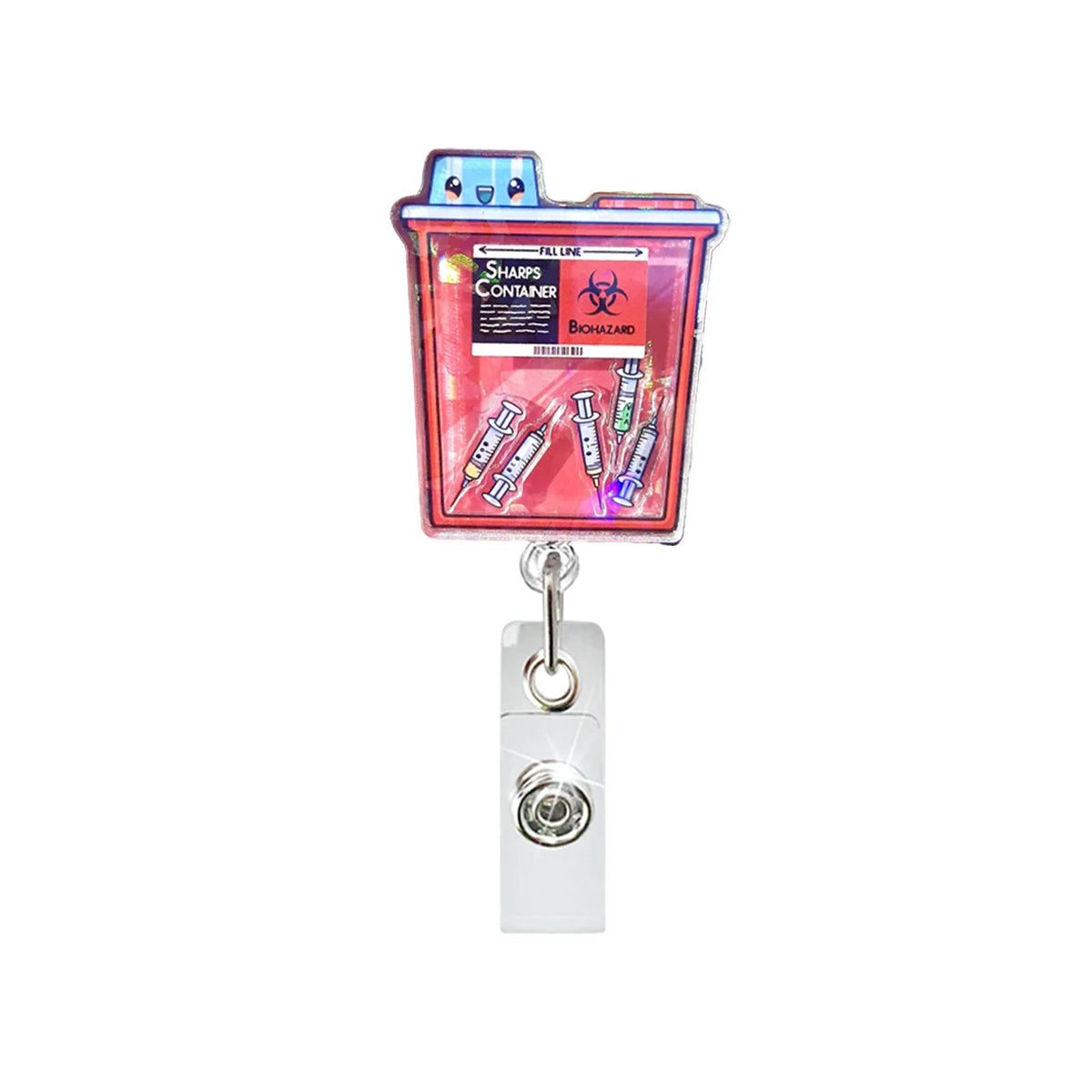 A badge reel featuring a large intestine theme with various medical instruments and text for healthcare workers.