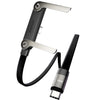 A black and silver 2-in-1 fast charging data cable with a folding stand is shown.