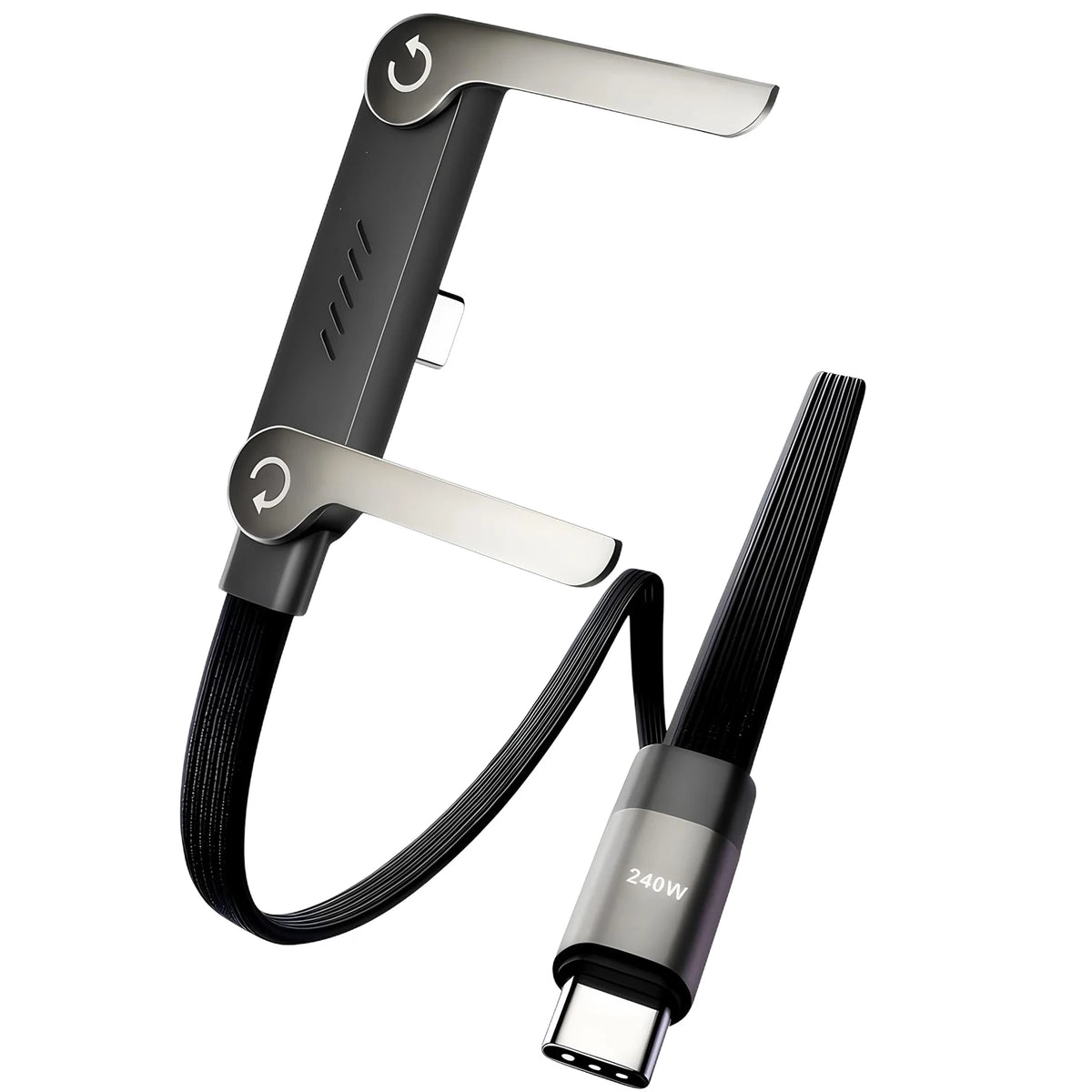 A black and silver 2-in-1 fast charging data cable with a folding stand is shown.
