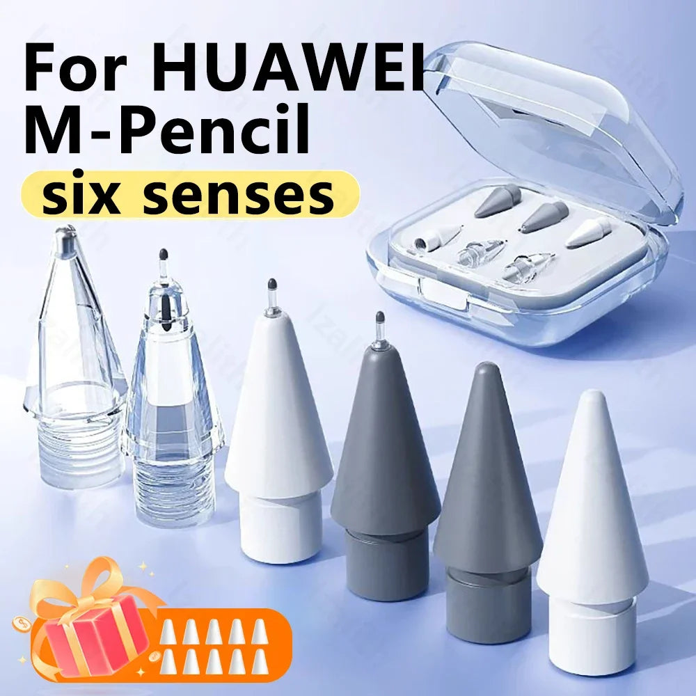 Un juego de seis puntas de reemplazo para el Huawei M-Pencil, mostrado junto al dispositivo principal.