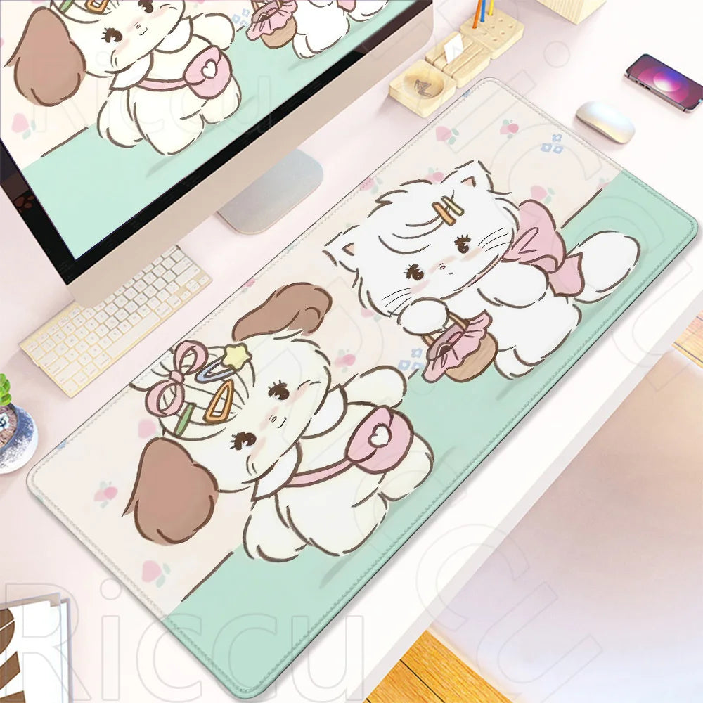 A cartoon cat design desk mat featuring white and pink cats on a light green background.