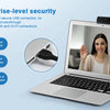 A laptop displaying a woman on a video call, with icons indicating enterprise-level security features.