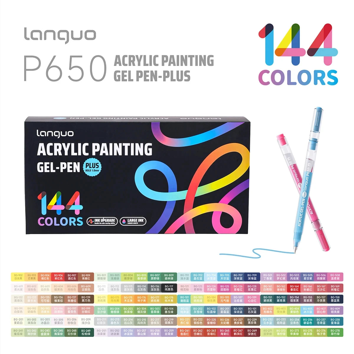 Box of Languo Acrylic Painting Gel Pen Plus featuring 144 colors and a set of pens.
