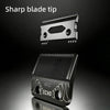A close-up view of a sharp blade tip and a professional cordless hair clipper with precision fade blades.