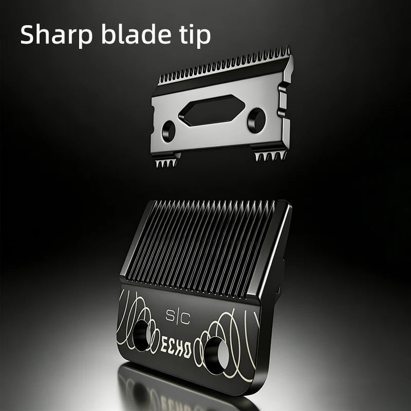 A close-up view of a sharp blade tip and a professional cordless hair clipper with precision fade blades.