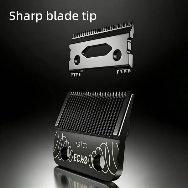 A close-up view of a sharp blade tip and a professional cordless hair clipper with precision fade blades.