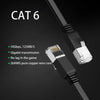 لقطة مقربة لكابل شبكة إيثرنت أسود من نوع CAT 6 مع موصل RJ45 وأسلاك محمية.