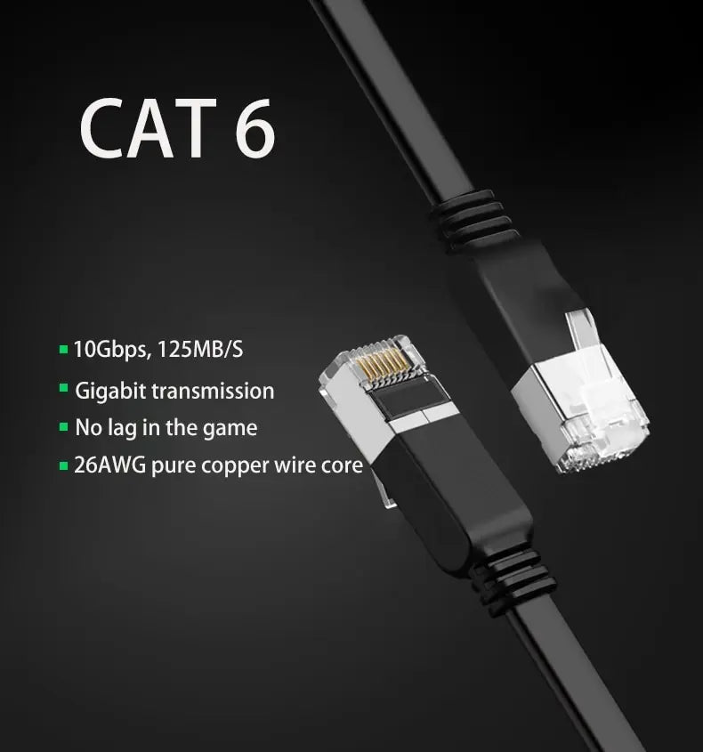 لقطة مقربة لكابل شبكة إيثرنت أسود من نوع CAT 6 مع موصل RJ45 وأسلاك محمية.